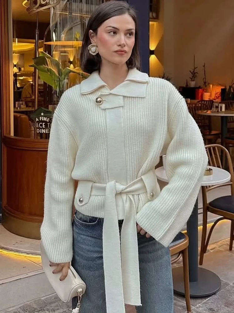 

Однотонный вязаный кардиган на шнуровке, женский повседневный кардиган с лацканами и длинными рукавами на талии, застегивающийся на молнии, 2025 г., женская зимняя верхняя одежда для поездок на работу