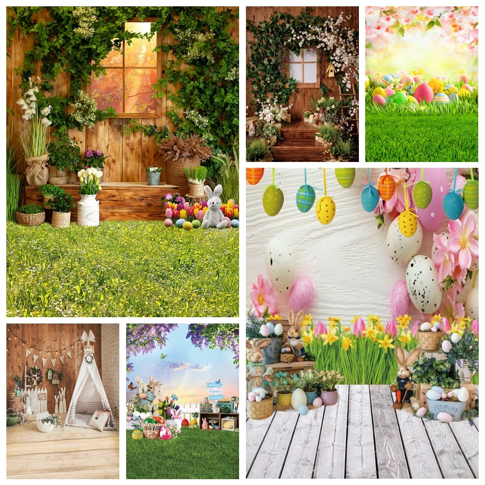 

Spring Easter Backdrops for Photography Rabbit Colorful Eggs Green Grass Floral Bunny Wood Floor Baby Portrait Photo Background