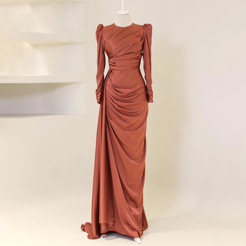 

Brown Evening Dresses for Women Long Sleeves O Neck Mermaid Evening Gowns Long Satin Chiffon Pleats Modest Formal Dress 2024