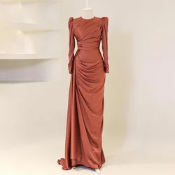 Brown Evening Dresses for Women Long Sleeves O Neck Mermaid Evening Gowns Long Satin Chiffon Pleats Modest Formal Dress 2024