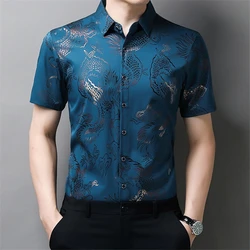 Men Vintage Chinese Style Dragon Print Short Sleeve Button Shirts 2023 Summer Fashion Business Casual Slim Tops Y2K Ropa Hombre