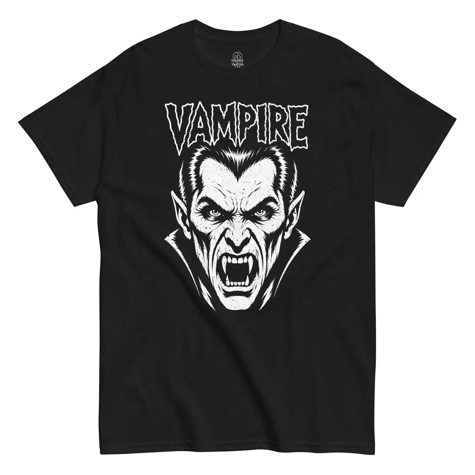 vampire horror t shirt front view retro face with sharp fangs and gothic text in white on black vintage Washed homme