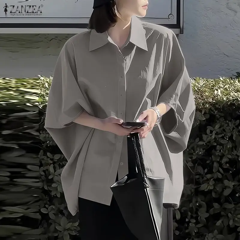 ZANZEA 女性シャツトレンド 2026 春のファッション 3/4 バットウィングスリーブシャツエレガントな固体 OL ワークブラウスカジュアルボタントップスオーバーサイズ