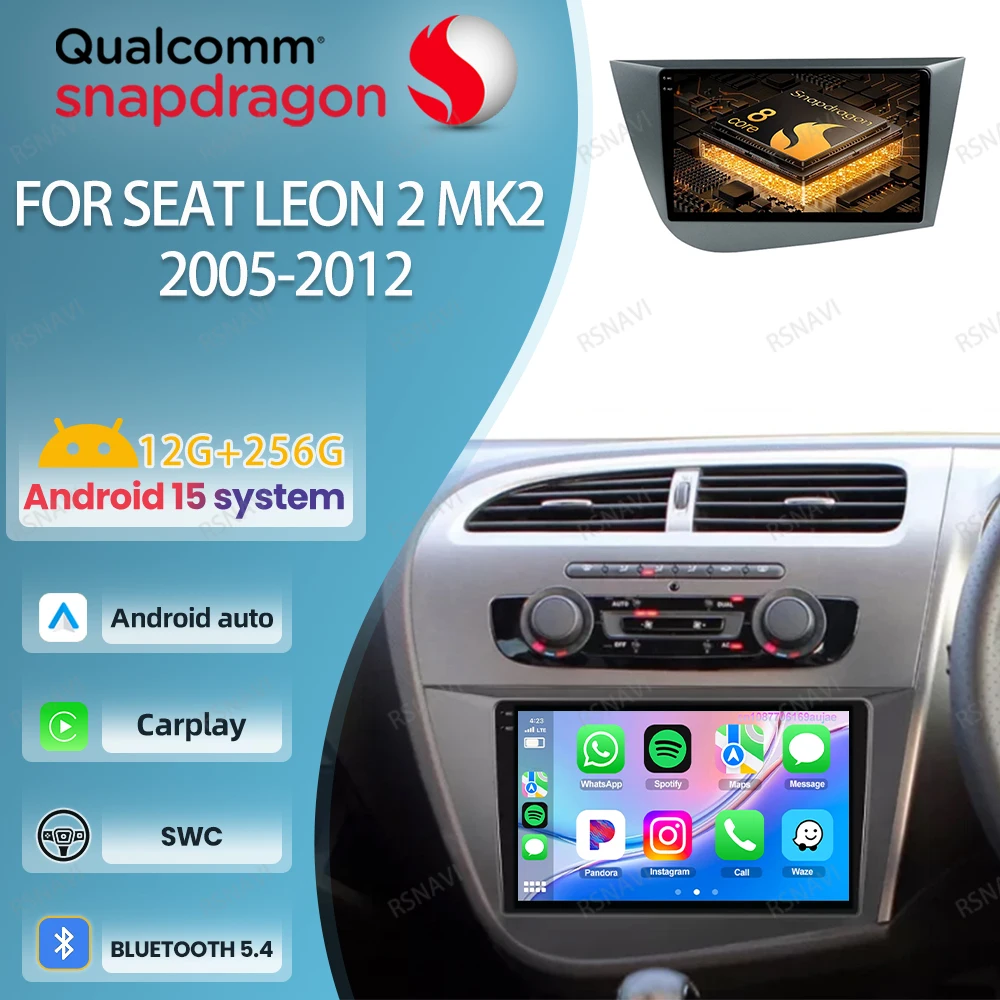 

Car Radio Android 15 For Seat Leon 2 MK2 2005-2012 Stereo 4G LTE BT Autoradio QLED DSP Qualcomm Wireless Carplay Auto 5G WIFI