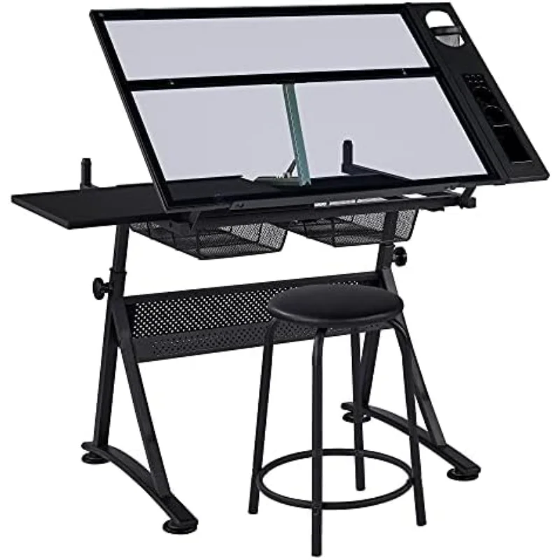 Drafting Table w/Stool Height Adjustable Multifunctional Art Craft Artists Desk Tilting Glass Tabletop Diamond