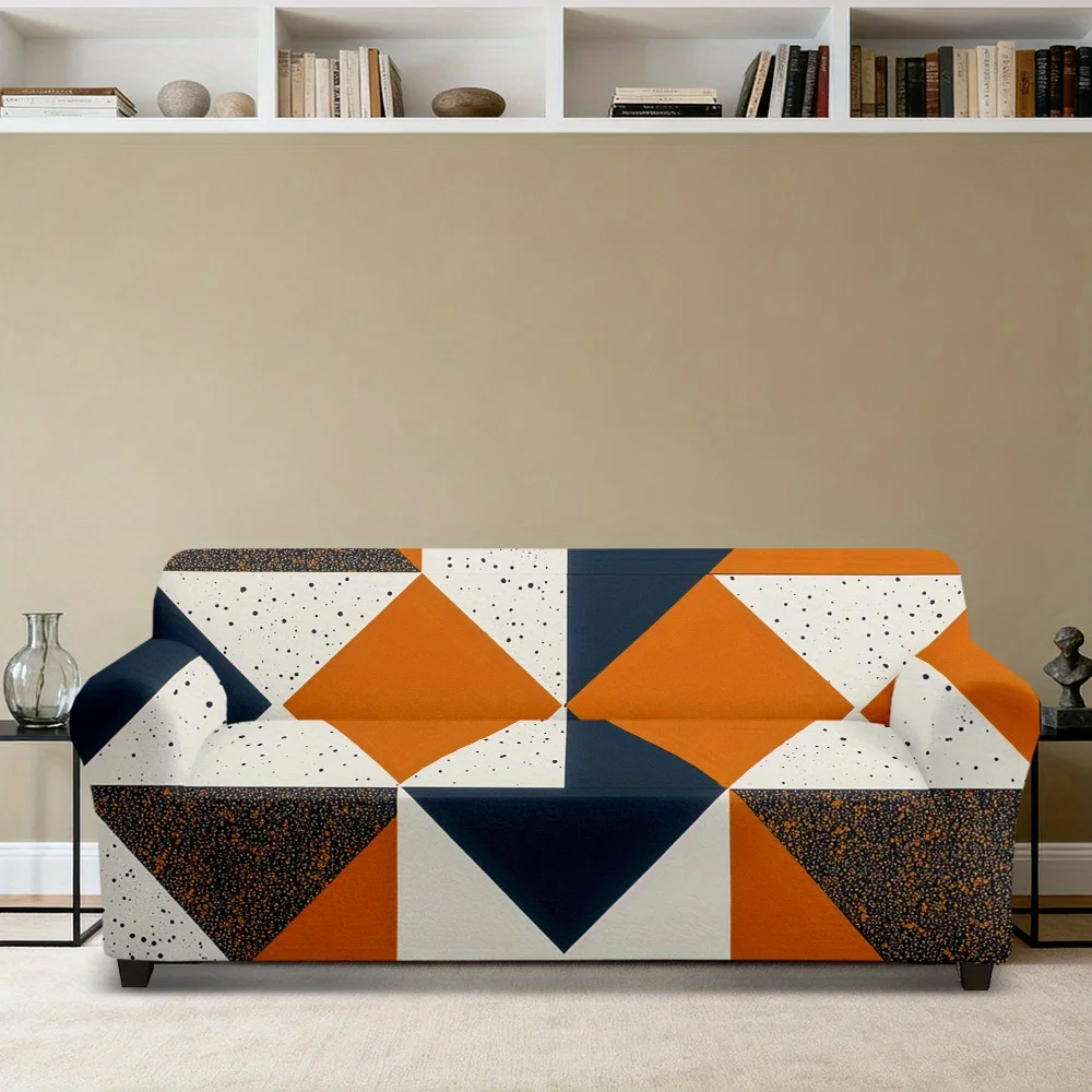 1pc Vintage Color Block Diamond Pattern Print Stretch Sofa Cover, Removable Washable Furniture Protector for Living Room