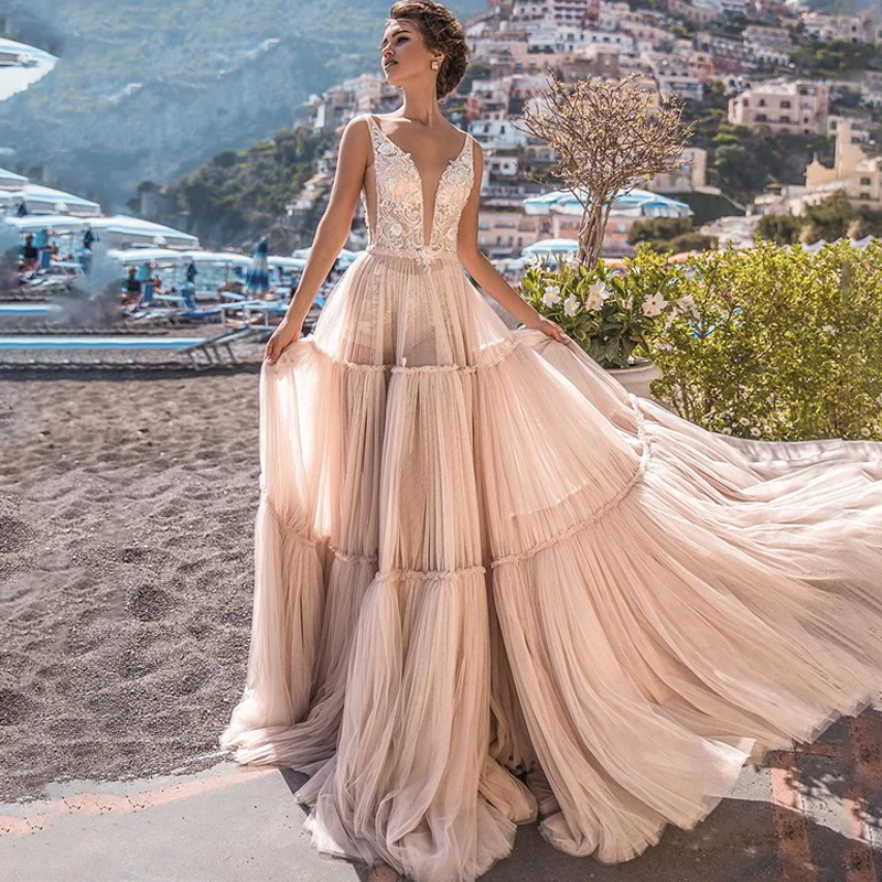 Robe de Mariée Romantique à Col en V, Tenue Élégante, Style Boho, en Fibre, Dos aux, Turquie