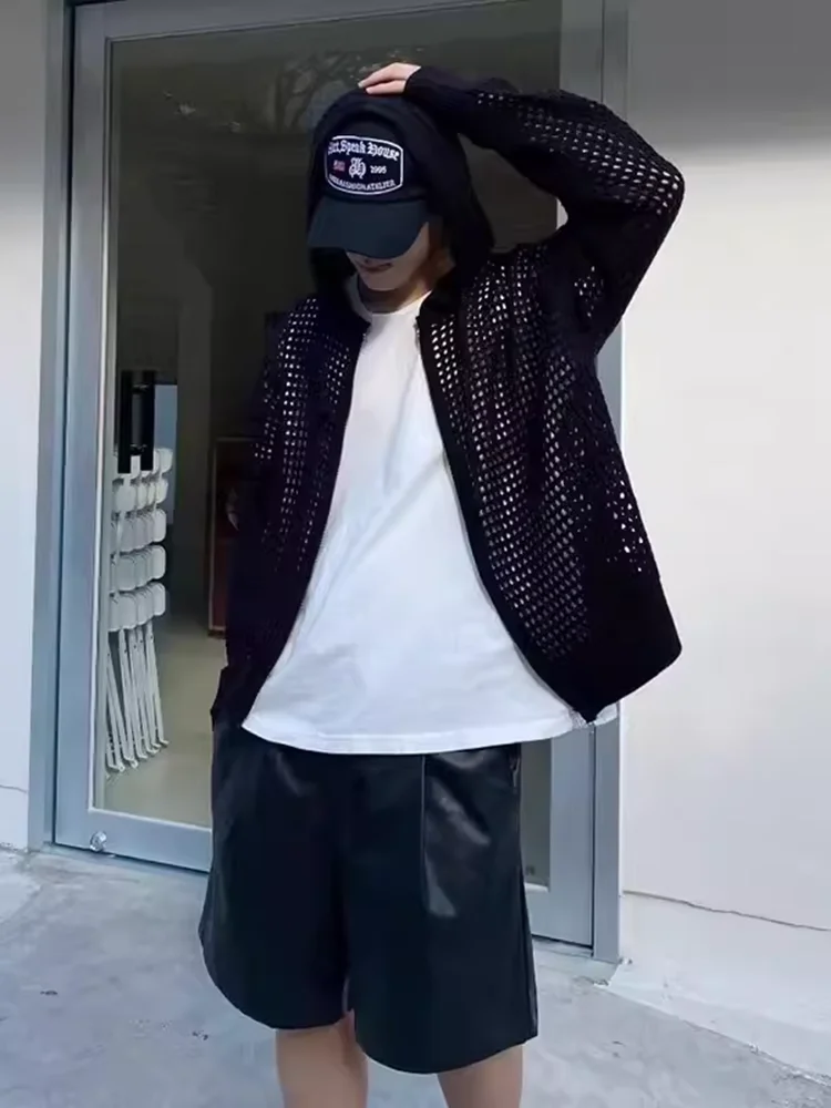 Cardigan Sweater Men Ins High Street Hooded Hollow Knit Sweater Summer Thin Cut Sunscreen Couple Outfit Jacket
