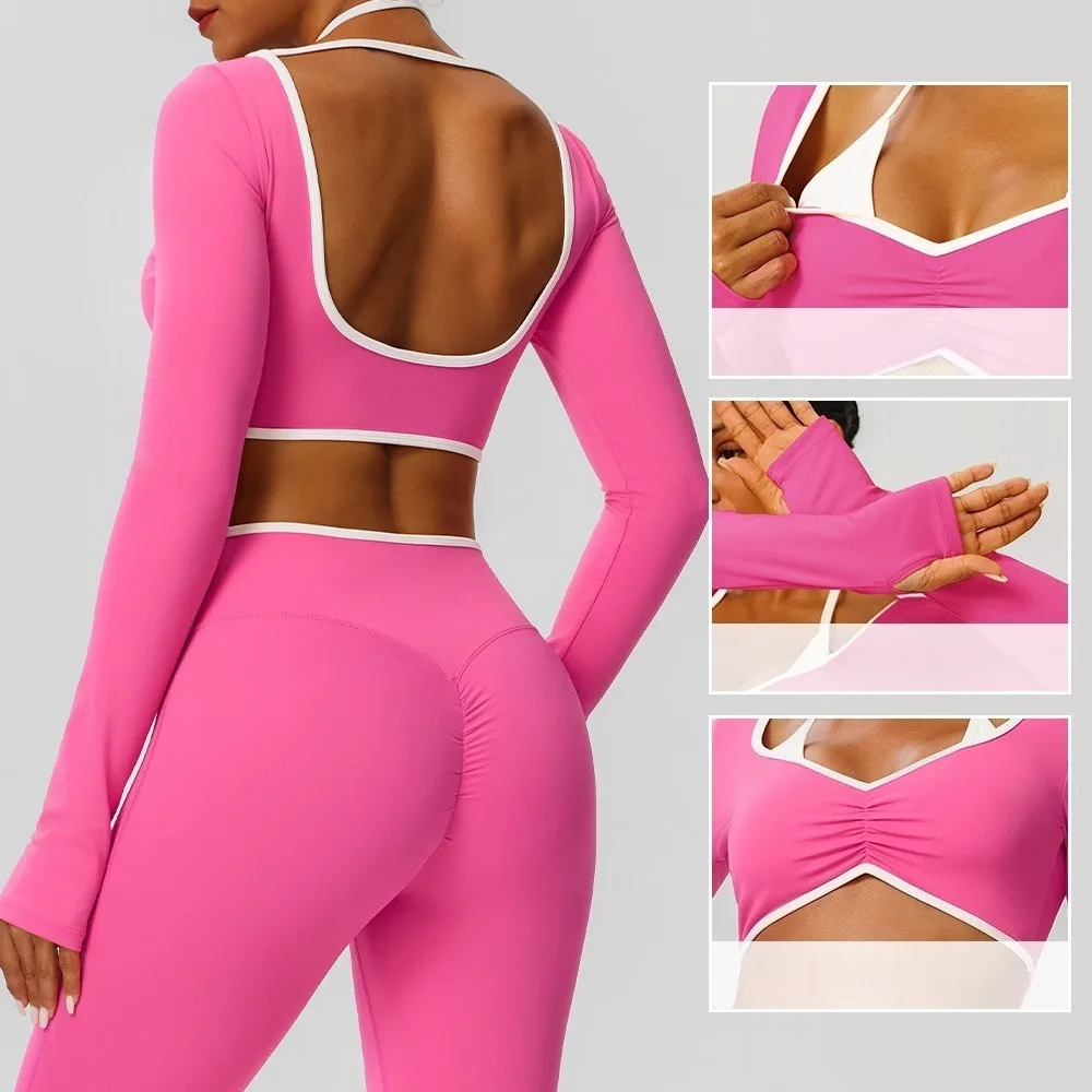 Women Color Block Padded Long Sleeve Yoga Top Quick Dry Running Fitness Sports T Shirt
