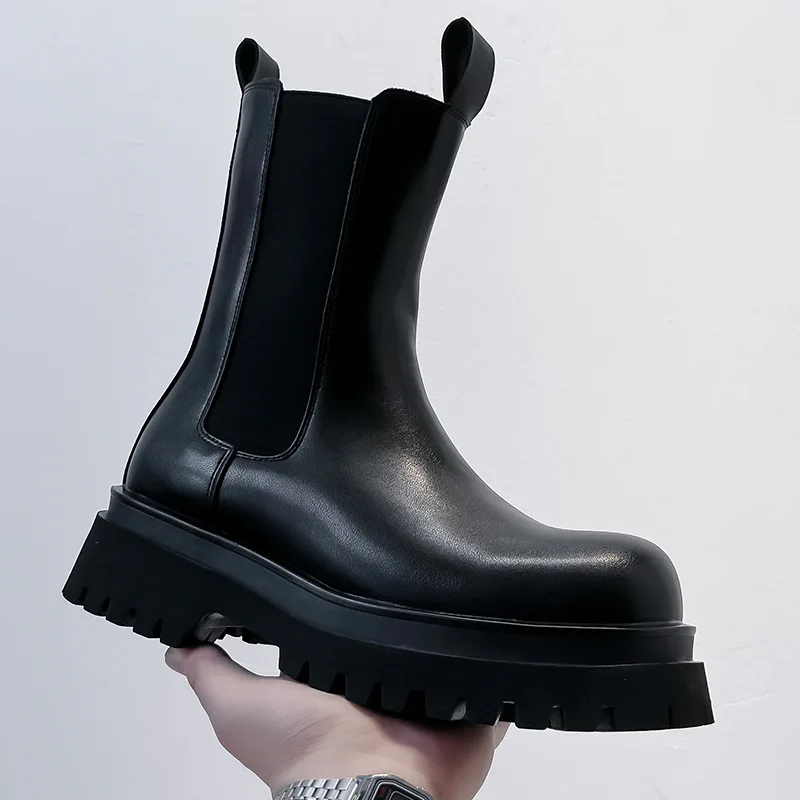 

men fashion punk stage high chelsea boots slip-on original leather shoes big toe cowboy platform boot cool long motorcycle botas
