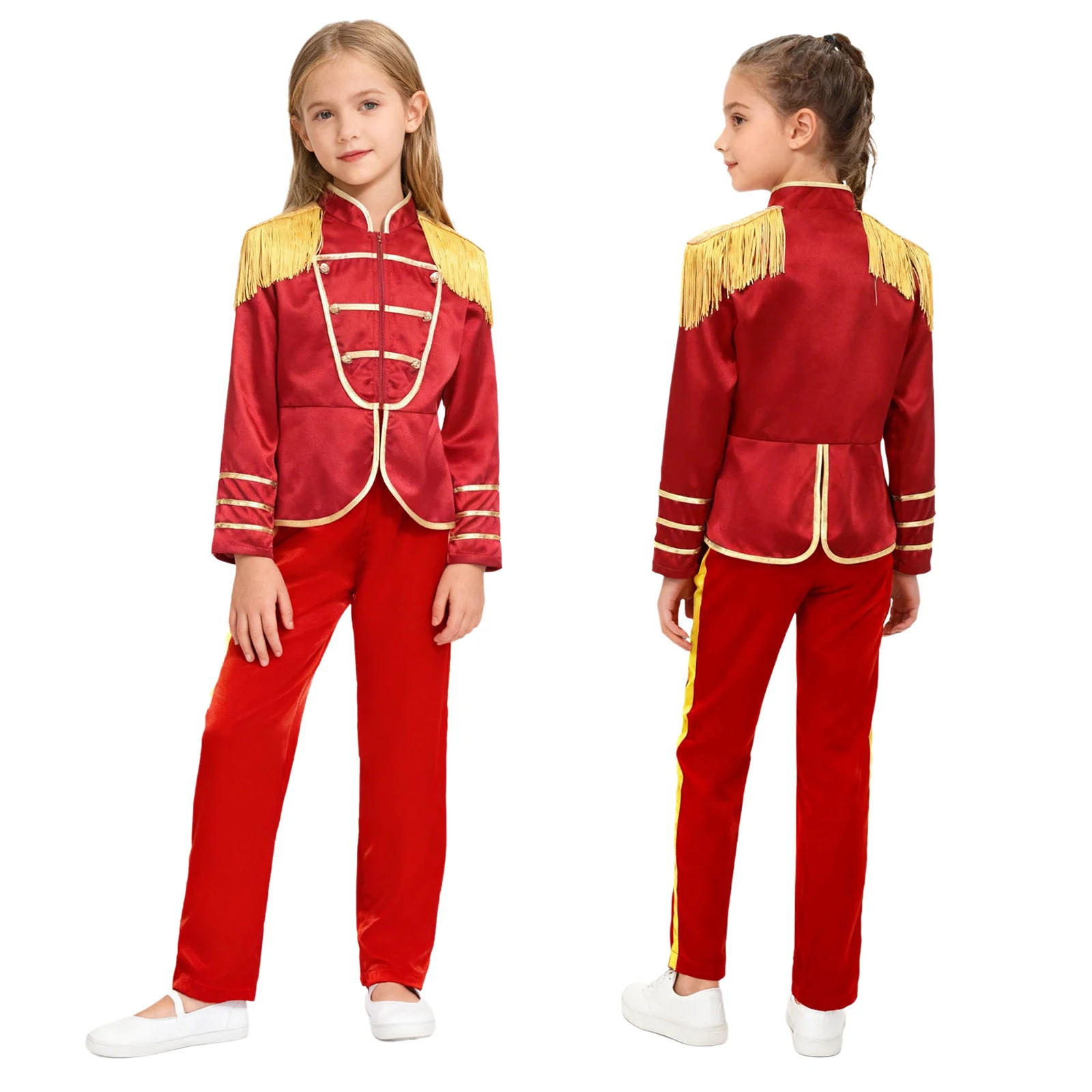 Bambini Carnevale di Halloween Marching Drum Band Guardia d'onore Bandiera che solleva il costume majorette Giacca con cerniera a maniche lunghe con pantaloni