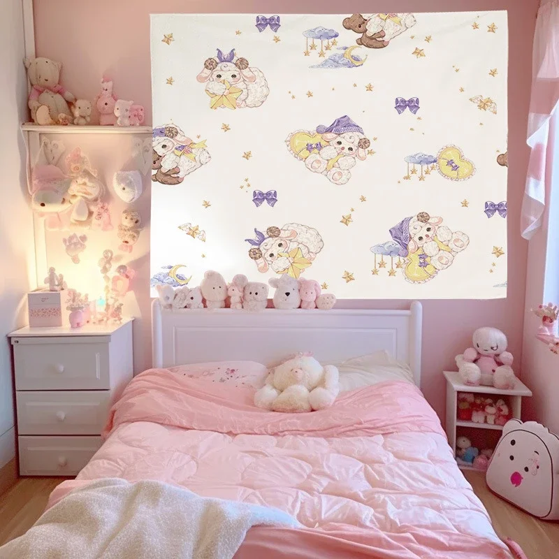 VIKAMA Pink Lolita Tapestry Wall Hanging Cute Bunny Bears Vanity Bow Roses Lace Coquette Aesthetic Wall Art Girl Room Decor