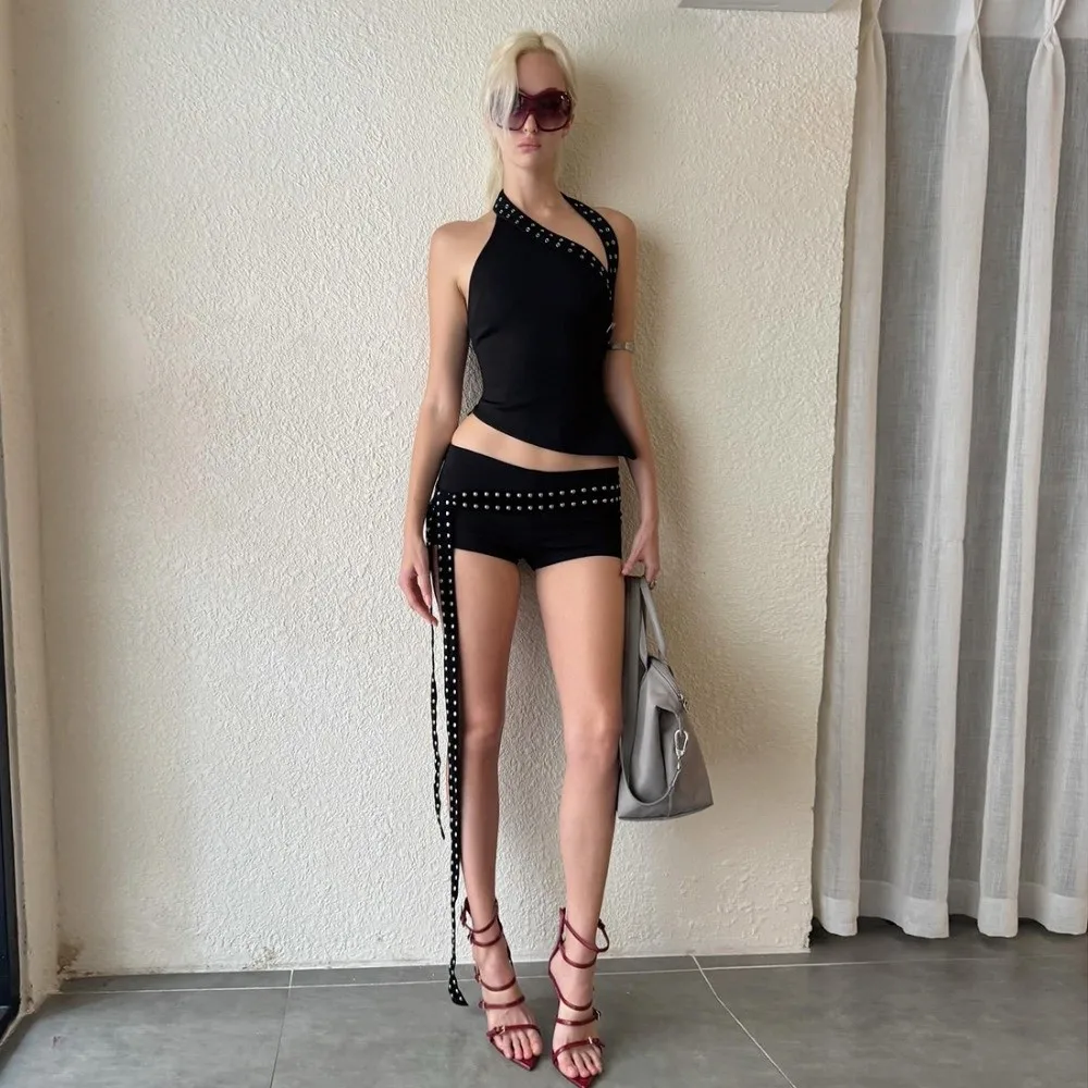 

Fashion Backless Slim Suits Slim Fit Biased Collar Belt Vests Sweet Korean Style Rivet Shorts Streetwear