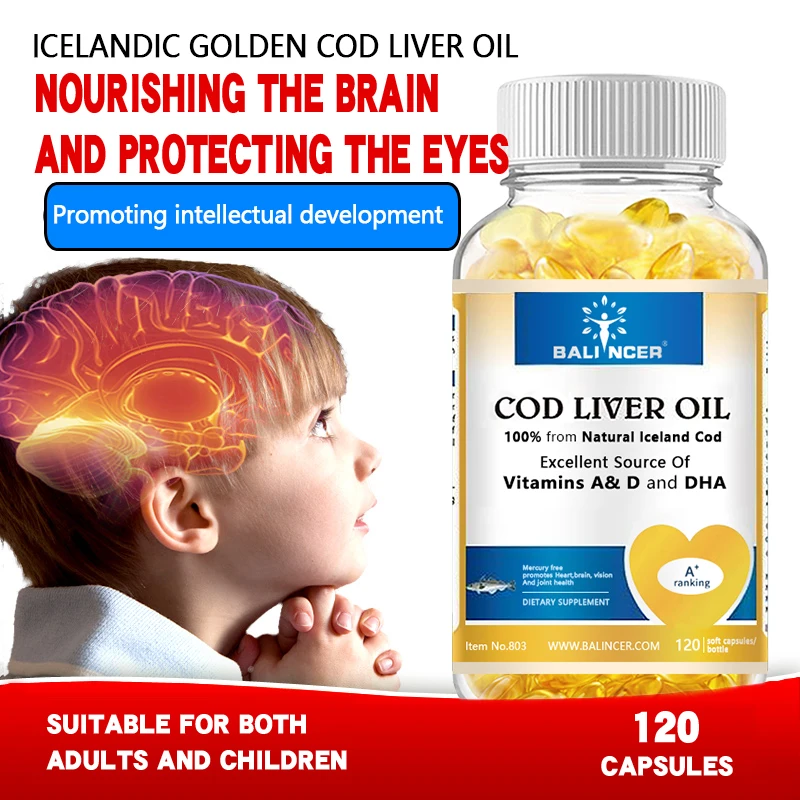 Cod Liver Oil Capsules Vitamins A & D and DHA Support Stress Relief, Strengthen The Brain, Bones,Improve Memory and Intelligence