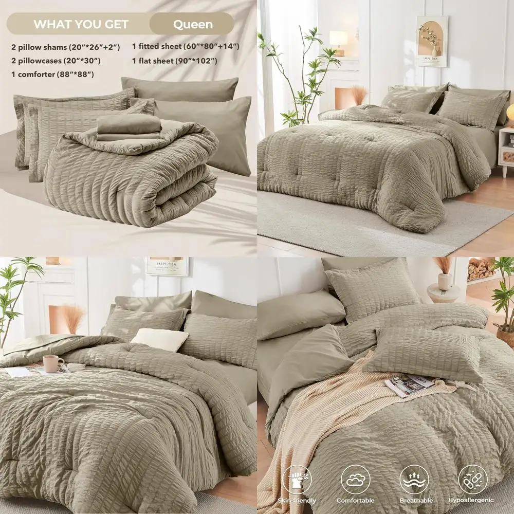 

Комплект постельного белья из 7 предметов из ткани сирсакер, всесезонное роскошное постельное белье для кровати размера Queen, включает одеяло, простыни, наволочки и декоративные наволочки для подушек.