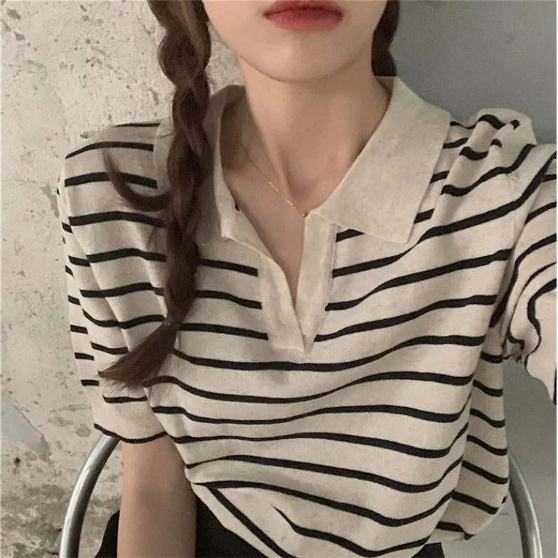 

Ice Silk Stripe Knitted ort Sve T-irt Women's Faion Summer New Korean Version V-Ne Flip Women's Casual Sle Top