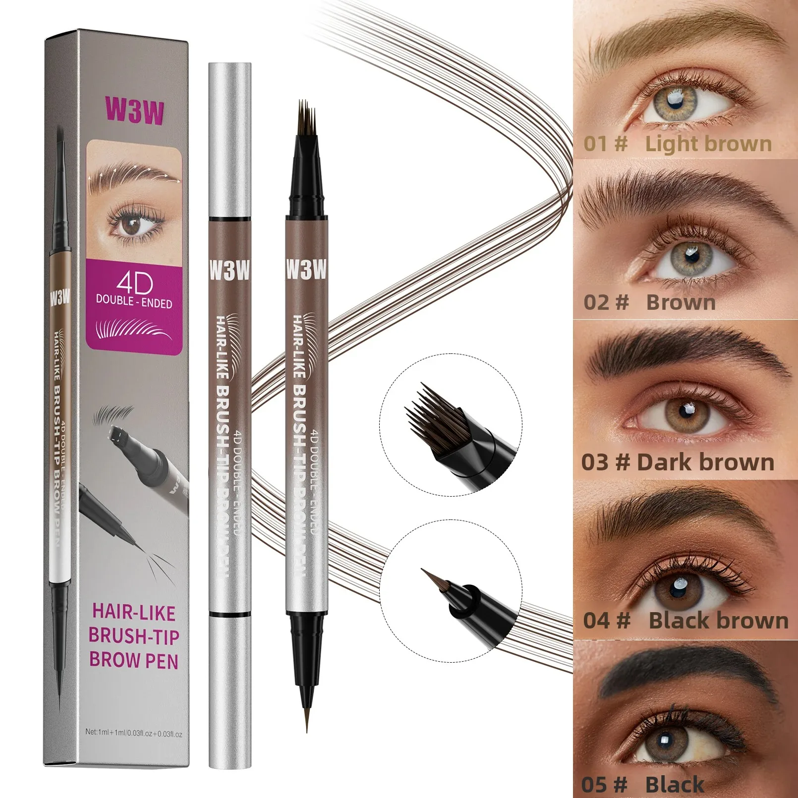قلم حواجب مزدوج الأطراف مقاوم للماء مصطبغ للغاية يدوم طويلاً، تأثير Microblading 4D 2 في 1 قلم سائل
