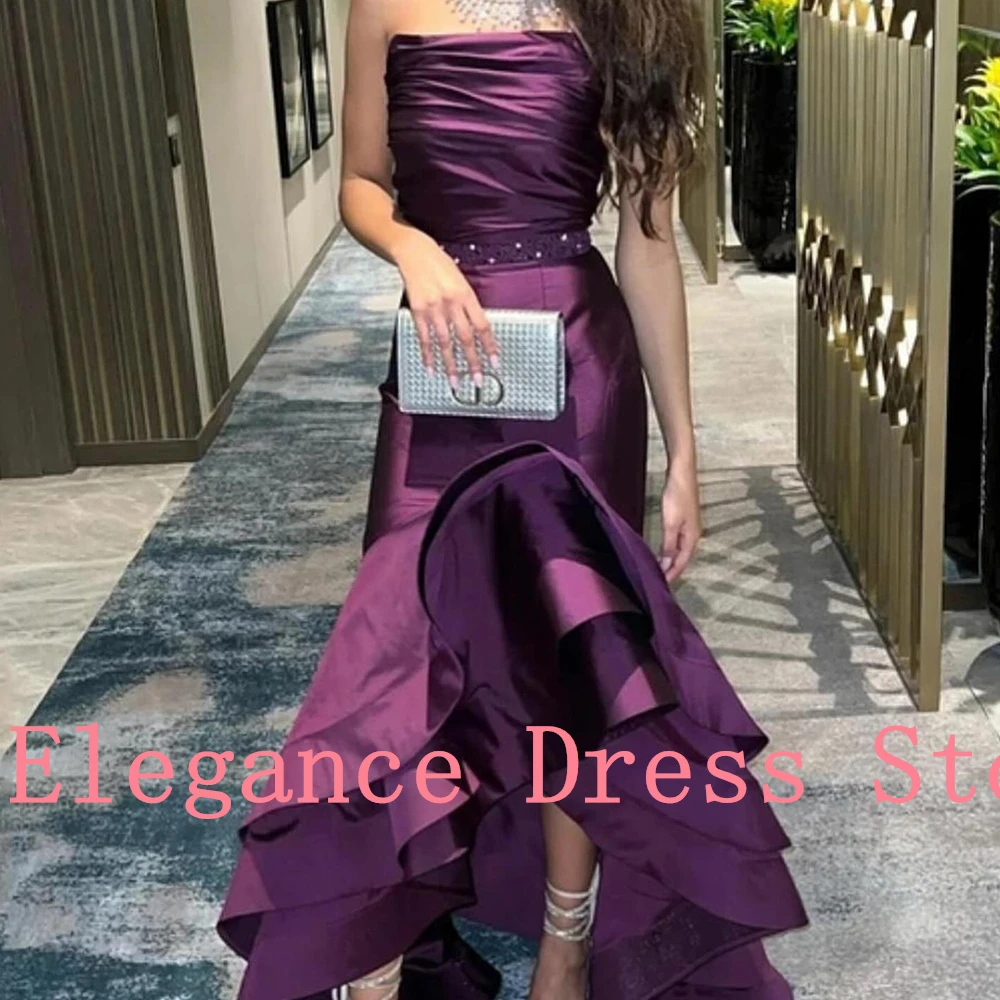 Customized Exquisite Mermaid Strapless Crystal Tiered Evening Dress Graceful Satin Sleeveless Pleats Purple Vestido De Noche