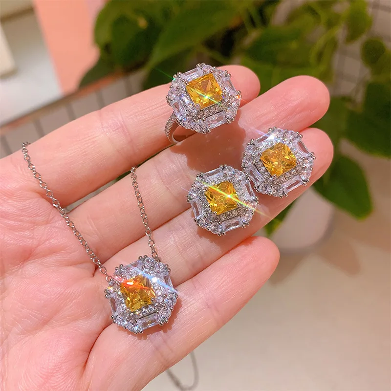 

Yellow Diamond Micro Pave Pendant Earrings Ring Necklace Jewelry Set