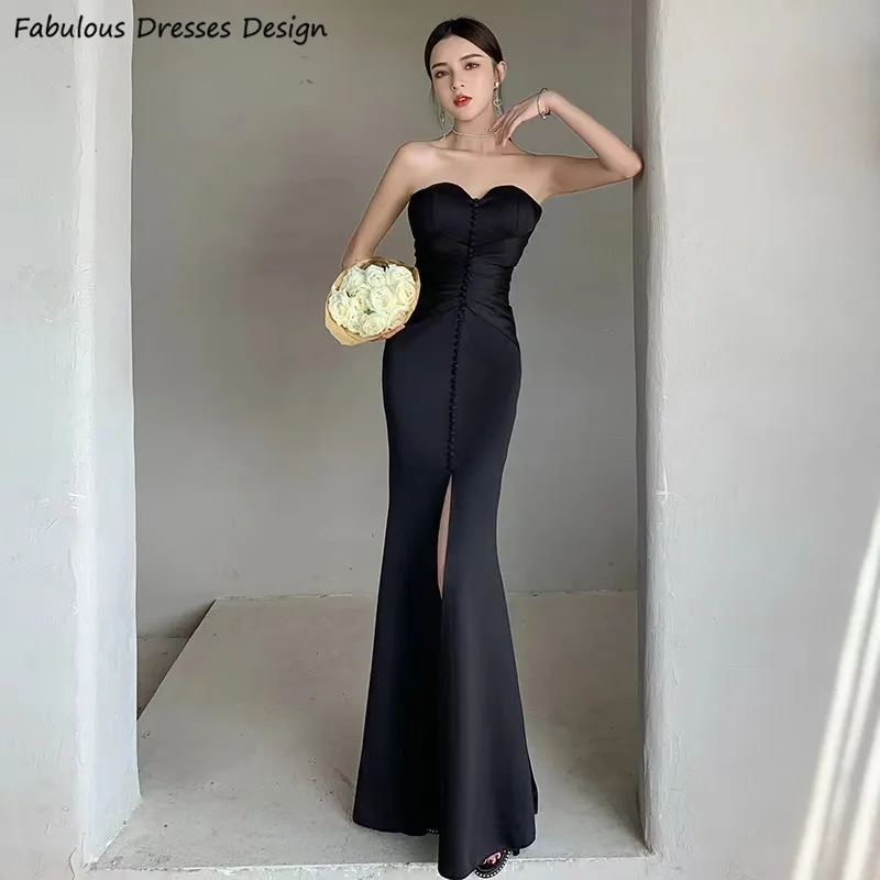 

Black Long Mermaid Bridesmaid Dresses Strapless Sweetheart Neck Button Pleat Slit Wedding Party Dress For Women Prom Gown