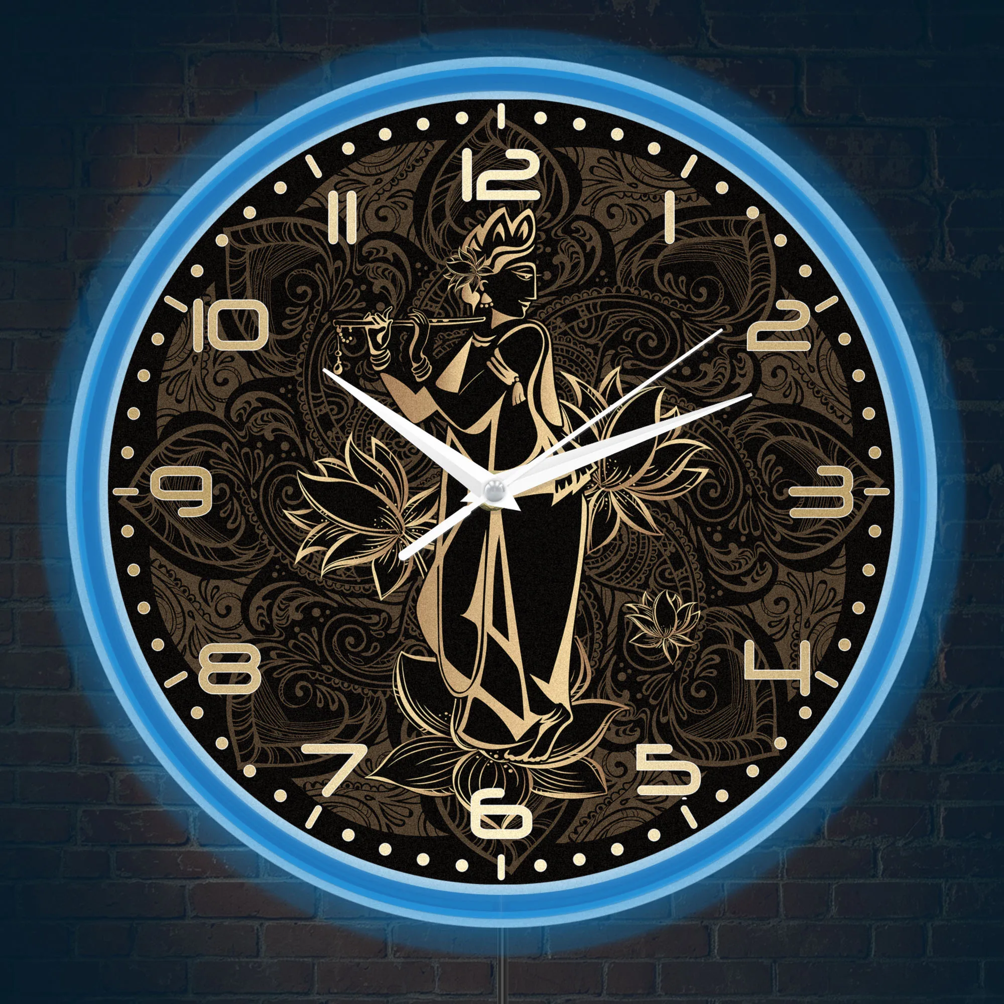 Golden Krishna Play Flute On Lotus Neon Wall Clock Glow in Dark Bohemian Hindu Home Decor LED Light Up Wall Clock Spiritual Gift