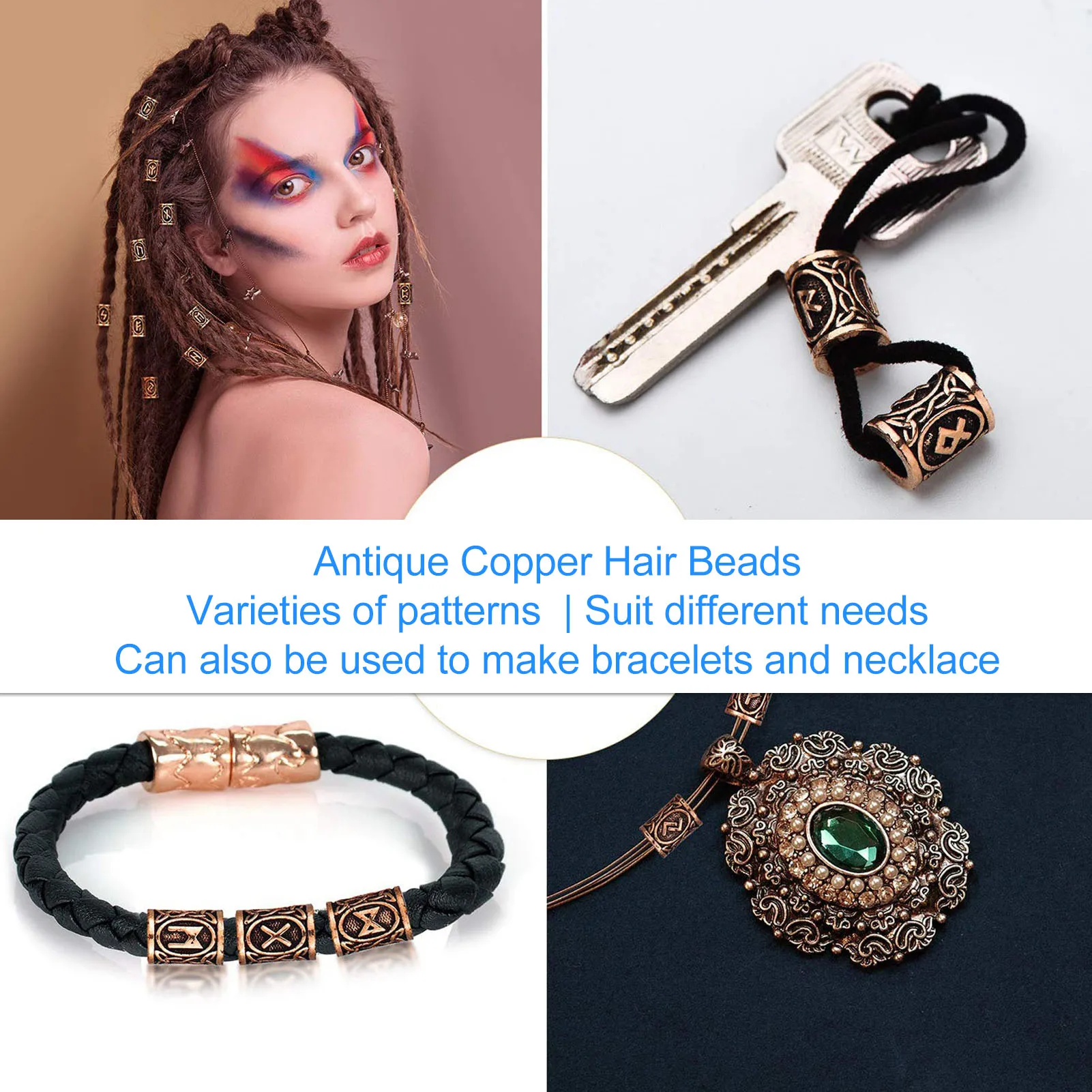 Beard Beads Antique Copper Hair Beads Vintage Large Hole Metal Braiding Tube Beads for DIY Jewelry Hair Decoration