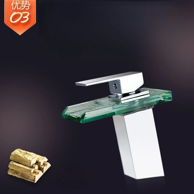 

Temperature controlled tri color LED luminous glass faucet square waterfall basin table hot and cold water faucet