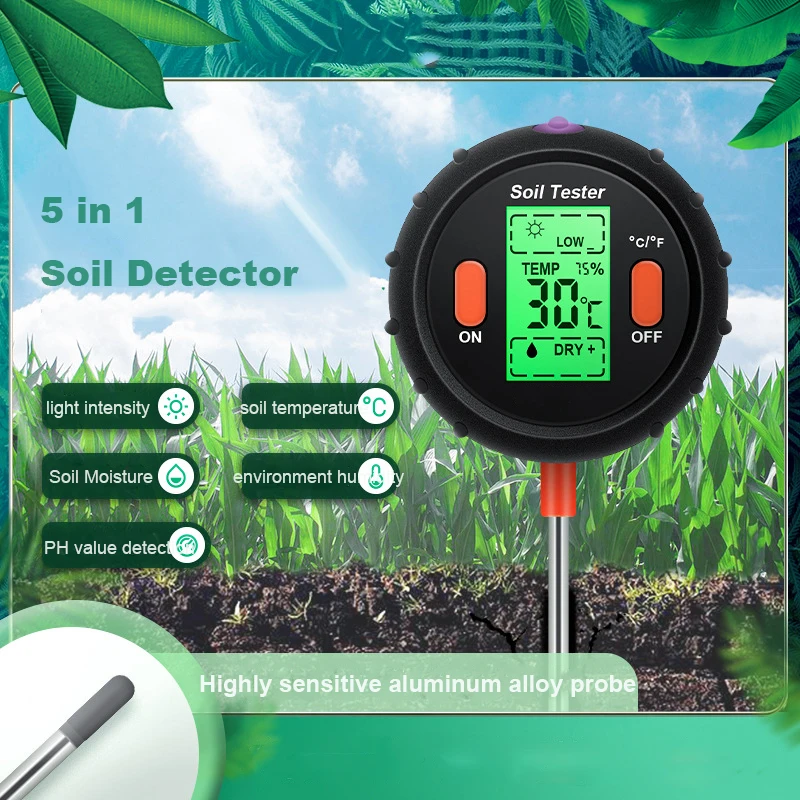 2 SZT. 5 w 1 Miernik wilgotności, światła słonecznego, temperatury i pH do testowania roślin ogrodowych i trawników, konfigurowalny OEM tester pH gleby
