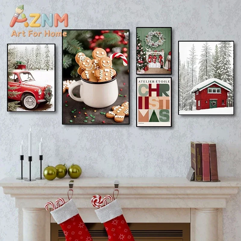 AZNM Winter Christmas Canvas Wall Art Gingerbread Cookie Red Vintage Truck Snow Cabin Holiday Print Poster Farmhouse Xmas Decor