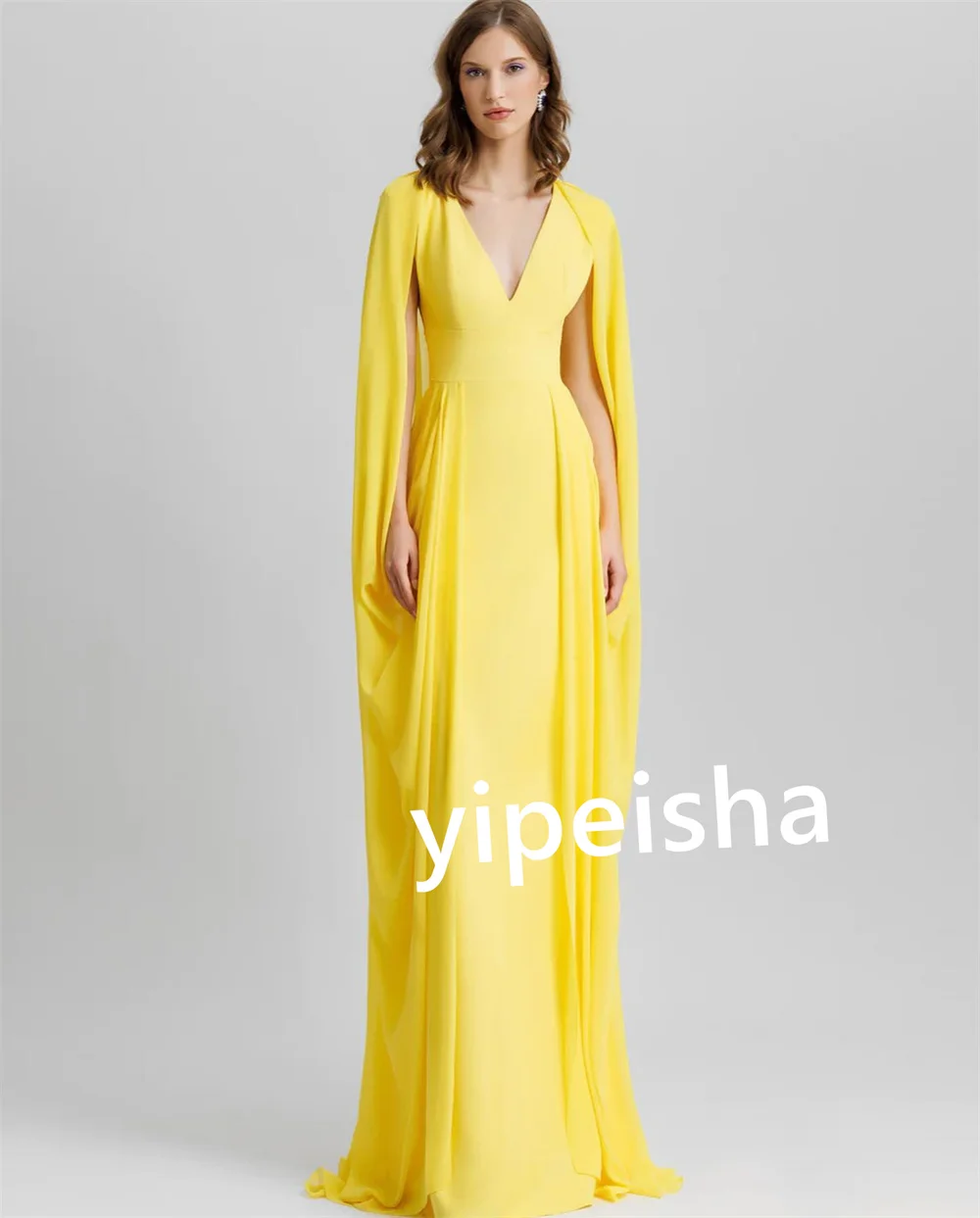 Robe de Bal Longue en Jersey Plissée, Tenue Formelle Personnalisée, Ligne A, Col en V, Classique, Exquis, Style Moderne, Pastrol, Unisexe, Style Chinois