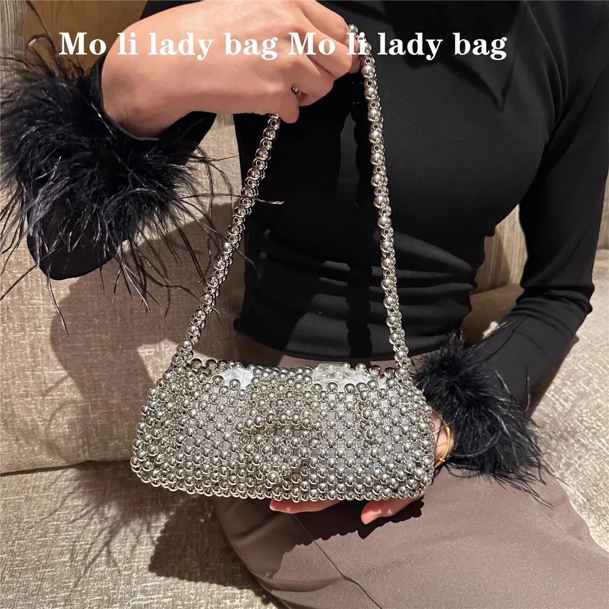 

Silver Beads Beaded Woven Handmade Hobo Bag Fashion Shiny Hollow Out Women Handbag Shoulder Underarm Bag Female Casual Bag
