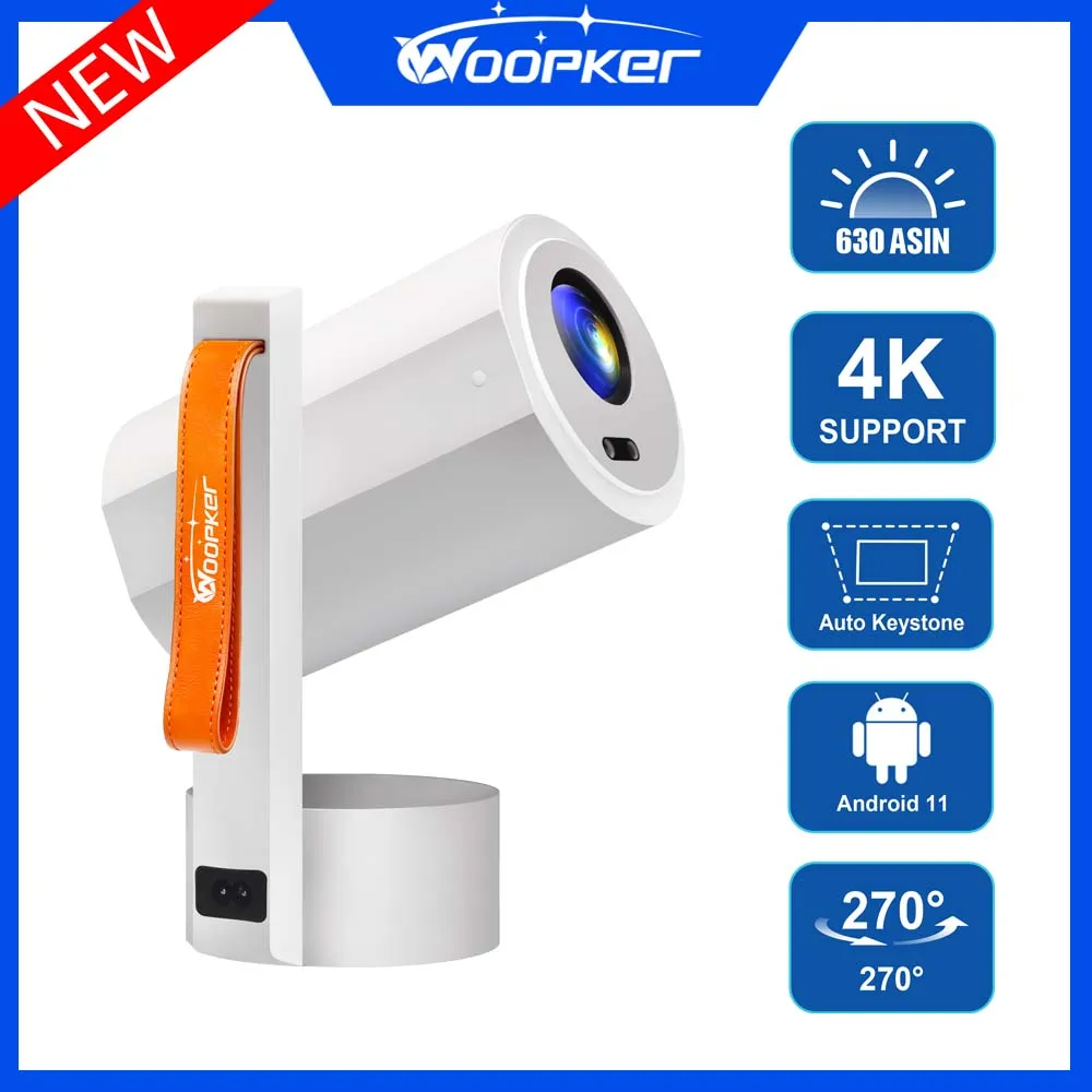

Проектор Woopker 4K 630Ansi Android 11, двойной Wi-Fi, электронный фокус, автоматическая коррекция трапецеидальных искажений, портативный проектор для домашнего кинотеатра