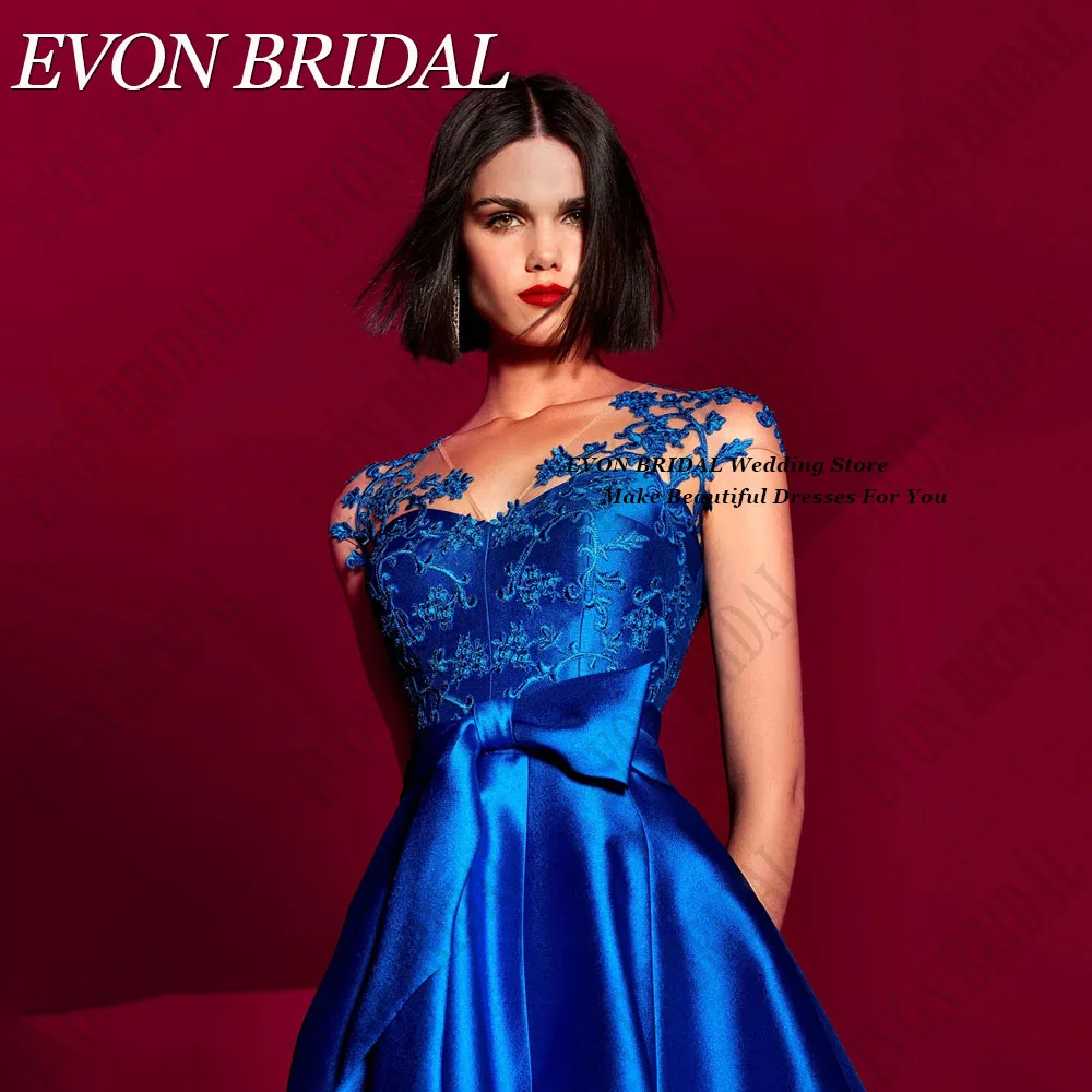 EVON BRIDAL Satin Royal Blue Celebrity Red Carpet Dresses 2024 Applique A-Line فساتين سهرة 2024 فاخرة Tea-Length Cap Sleeves