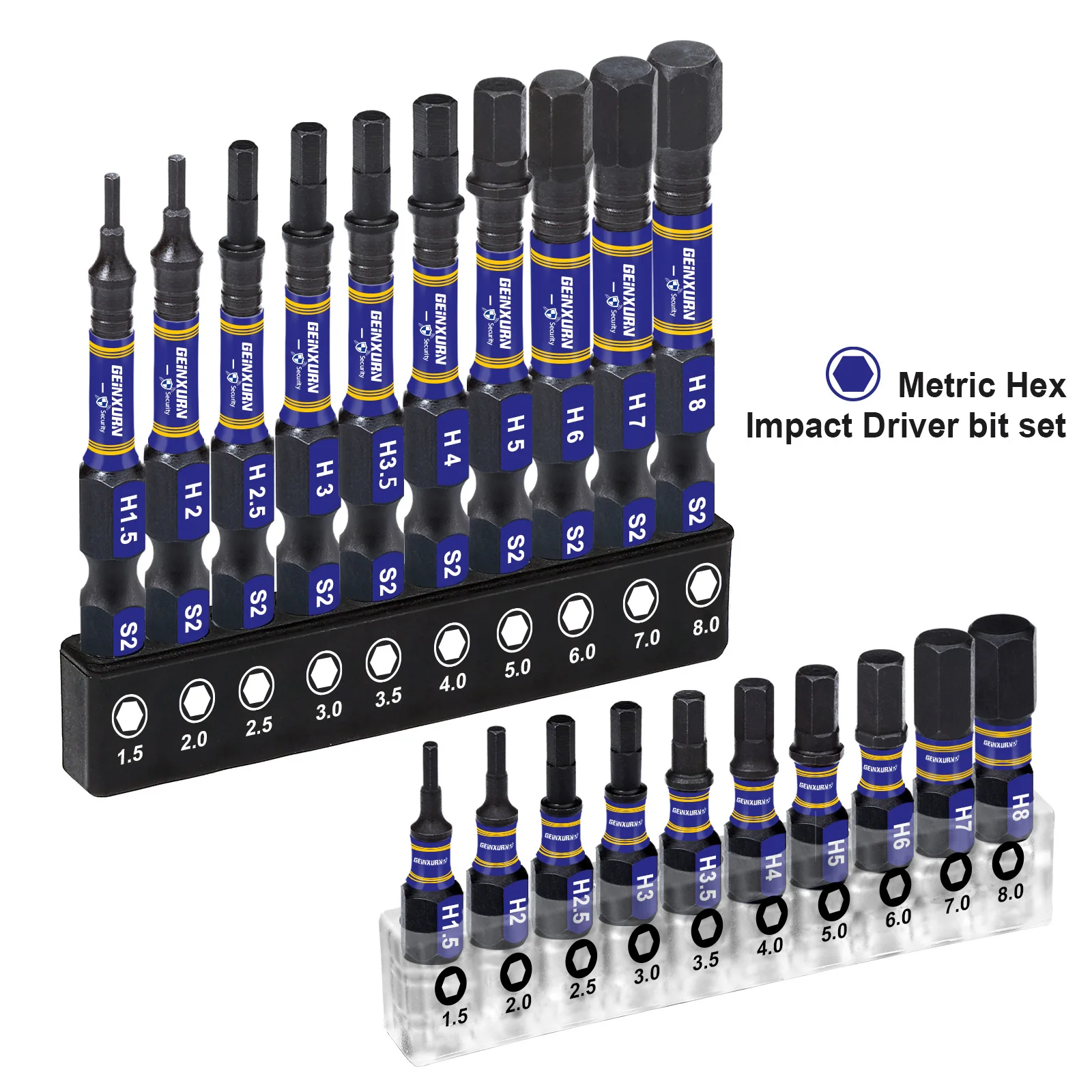 GEINXURN 1 In./2In Metric Hex Head Impact Tough Magnetic Bits Set, S2 Steel Hex Screwdriver Bit set with Base