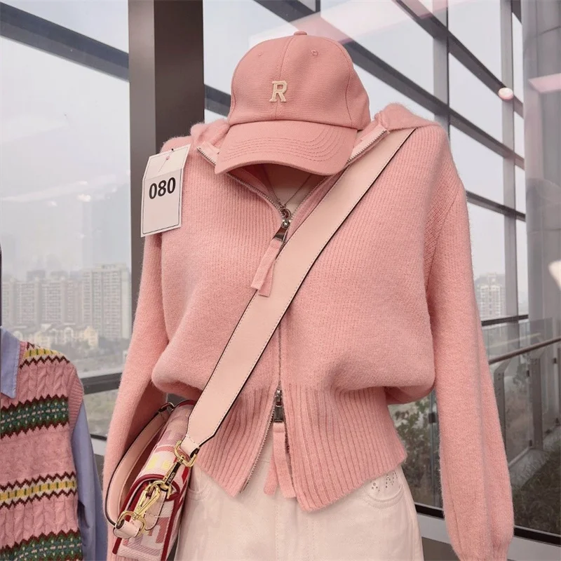 Suéter de punto con capucha para mujer, chaqueta con doble cremallera, color rosa y blanco, primavera y otoño, novedad de 2024