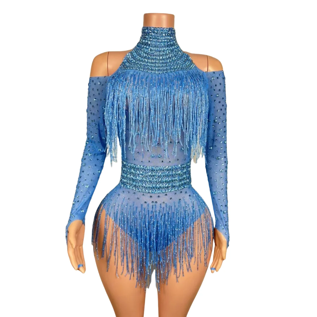 

Blue Green Fringes Leotard Rhinestones Birthday Celebrate Bodysuit Tassels Outfit Party Singer Collection Sexy Costume nvtua