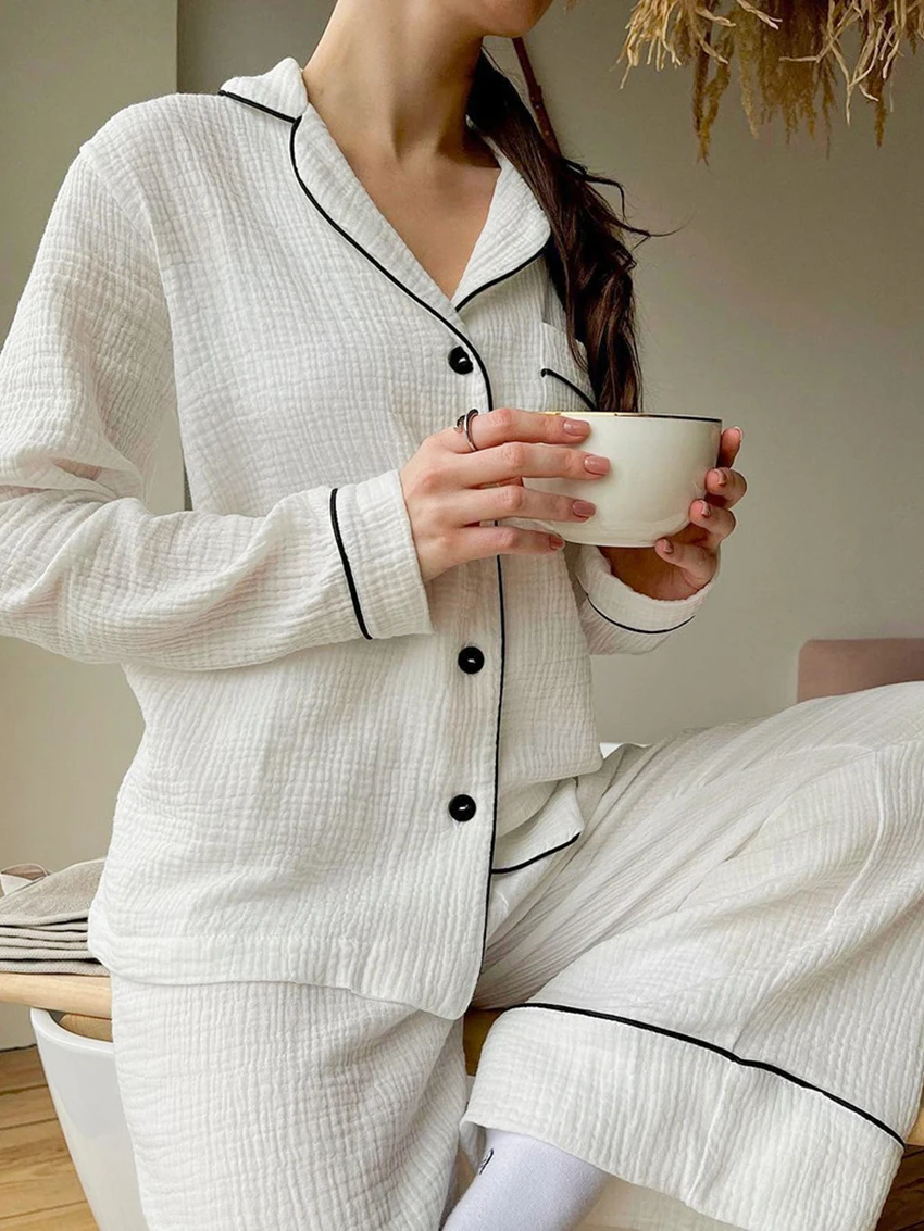 Marthaqiqi Cotton Women'S Pajamas Set Long Sleeve Sleepwear Sexy Turn-Down Collar Nightwear Wide Leg Pants Nightie 2 Piece Suits