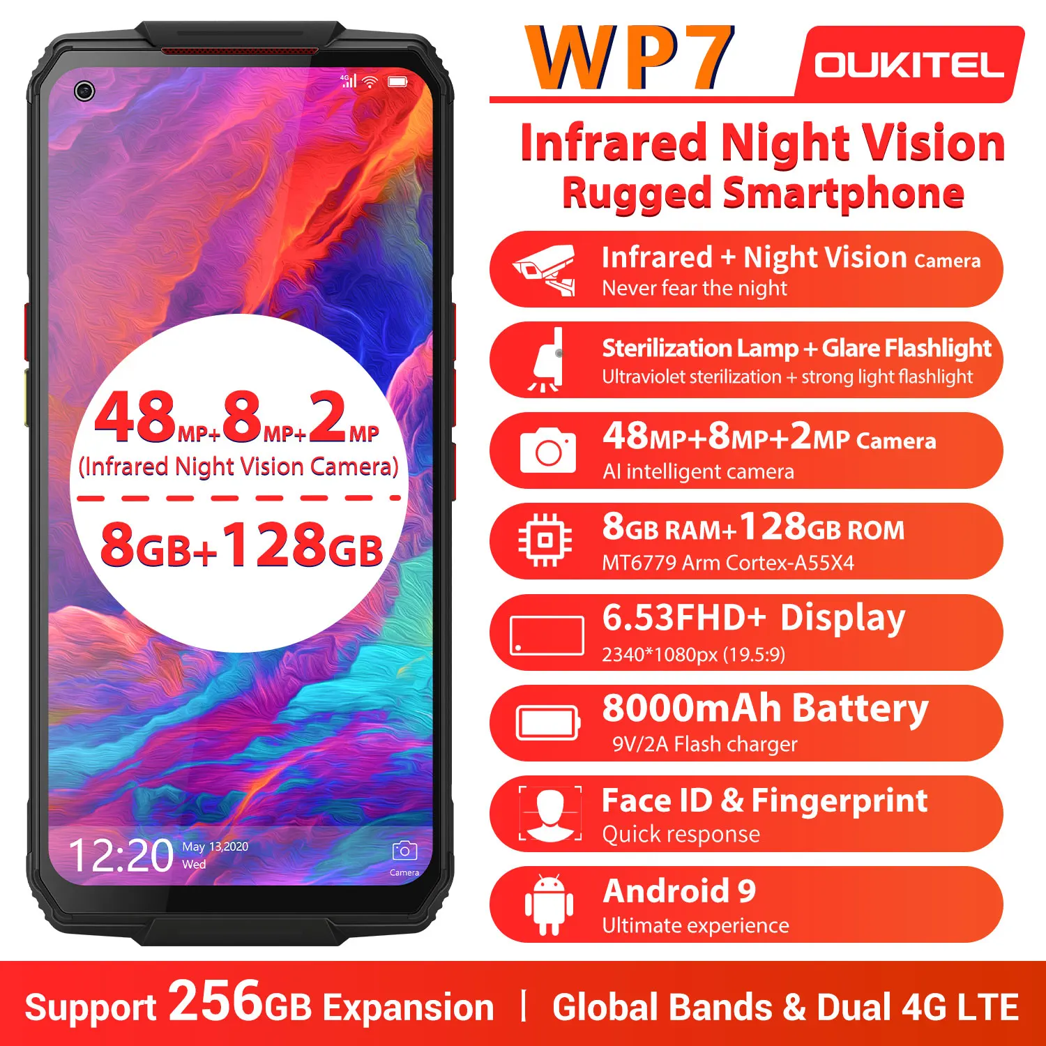 OUKITEL WP7 Smartphone 8000mAh Battery 48MP Cameras Phone Android 9.0 MT6779 Octa Core 9V/2A 6.53"FHD NFC Mobile Phone