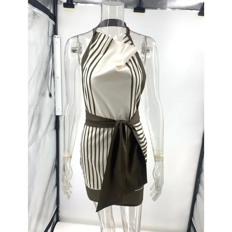 패션 비치 휴가 미니 드레스 섹시 백리스 홀터 슬리브리스 숏 드레스 시크 스트라이프 패치워크 벨트 여름 드레스 2025 신상