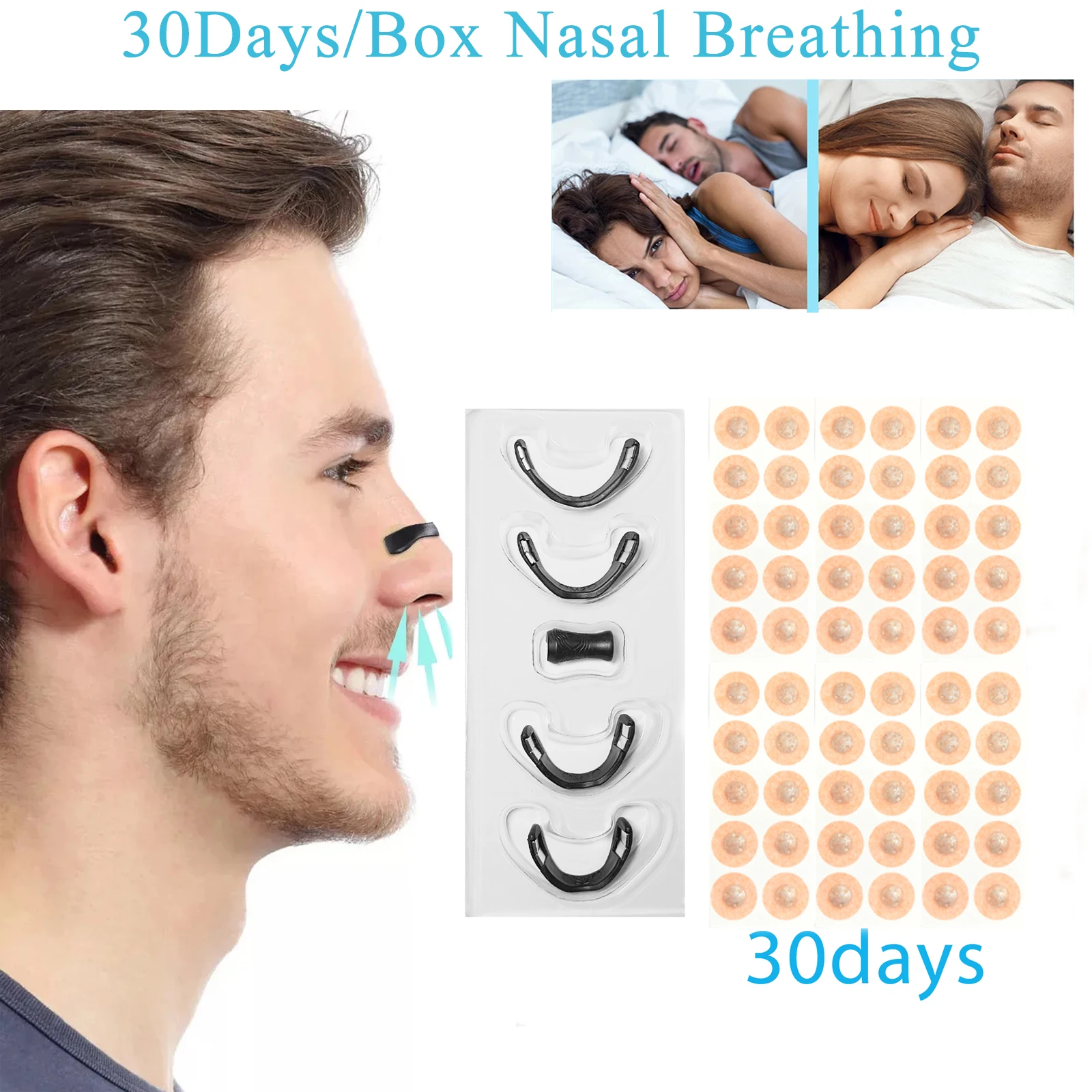 30 Tage magnetische Nasenstreifen, Atemdilatatoren, Schnarchset, erhöht den Lufteinlass, Nasenklammer, Nasenstreifen, reduziert Schnarchen