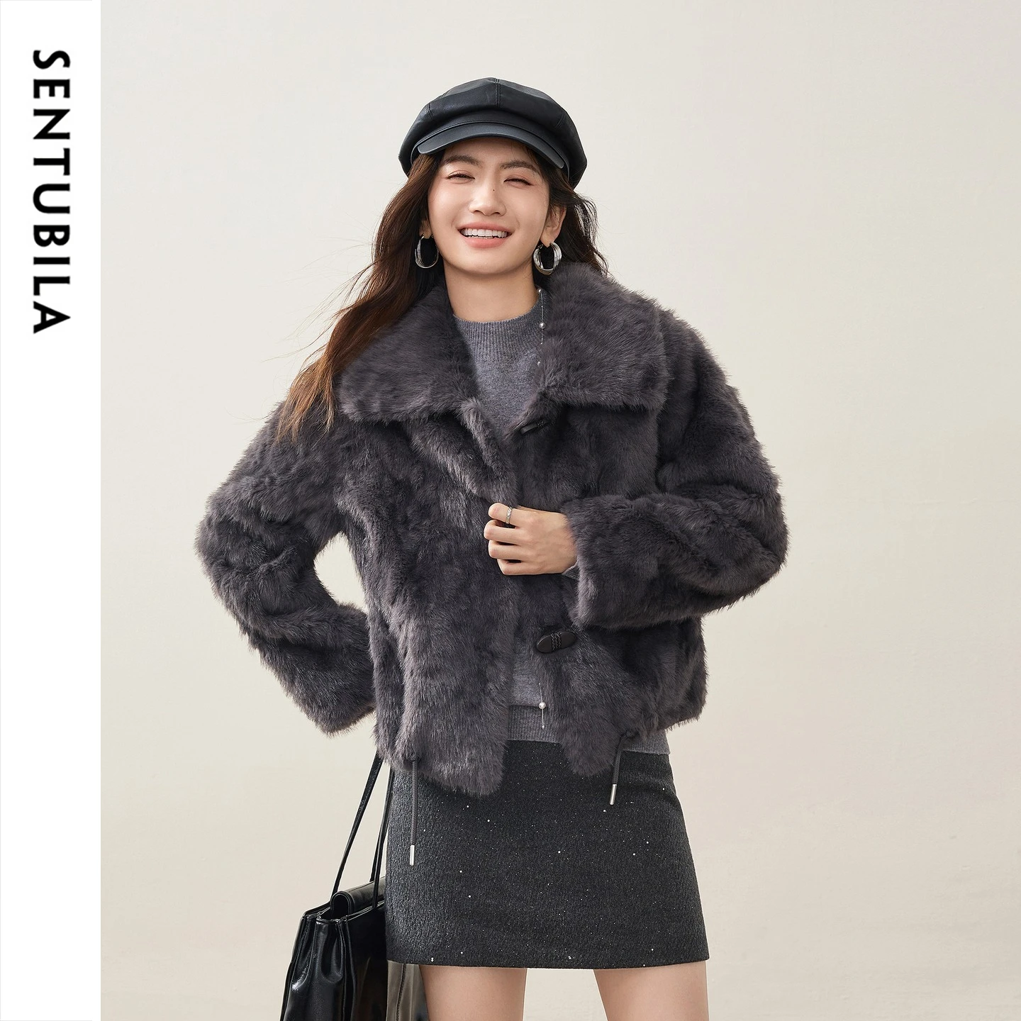 SENTUBILA Faux Fur Coat Women 2026 Winter Lapel Drawstring Hem Cropped Coat Warm Luxurious Fluffy Thick Outerwear W64PD7706
