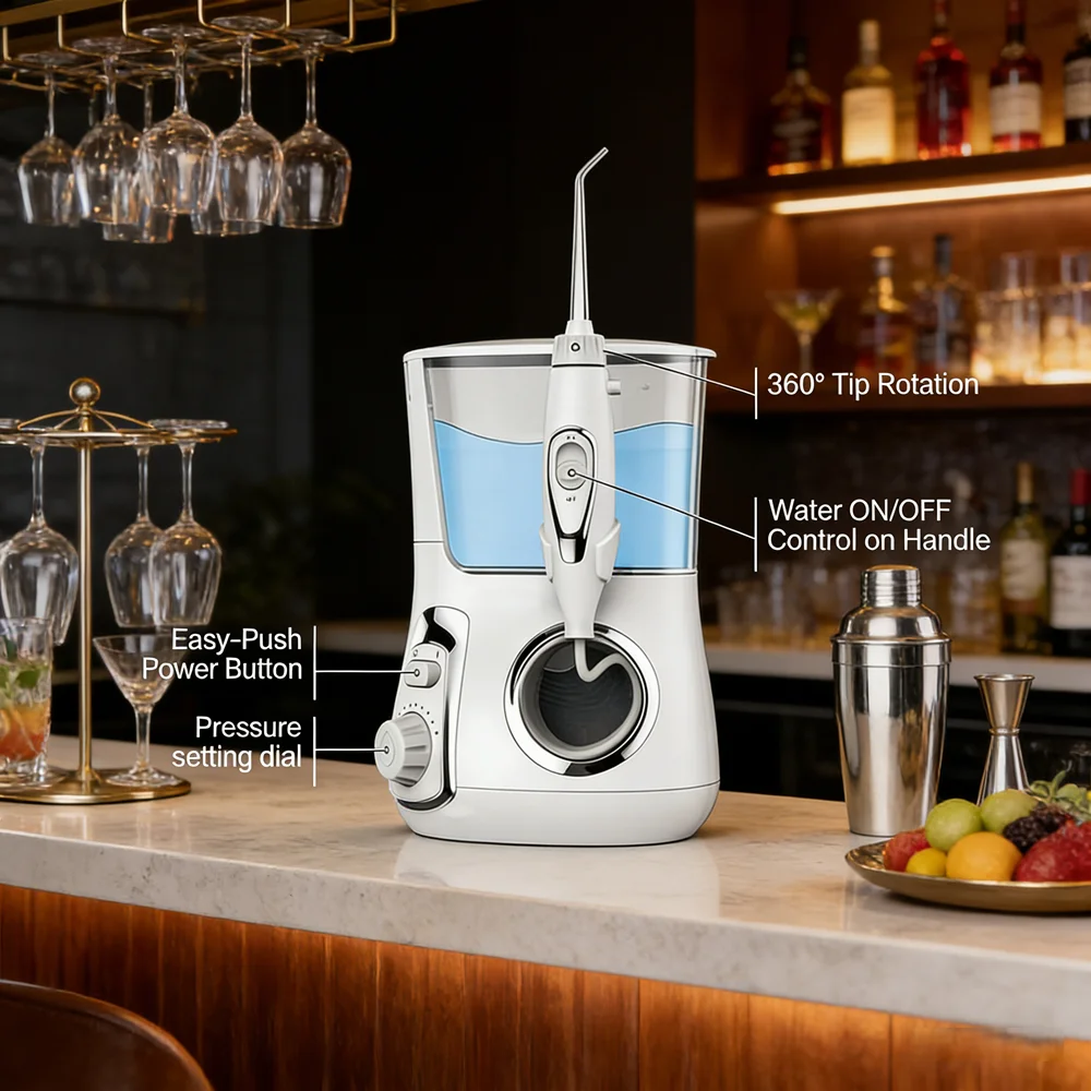 

Настольный ирригатор для воды 800 мл IPX7, водонепроницаемый, 360° ° Стоматологическое орошение, 10 режимов, 5 насадок, домашнее гидротерапевтическое устройство для ухода за полостью рта