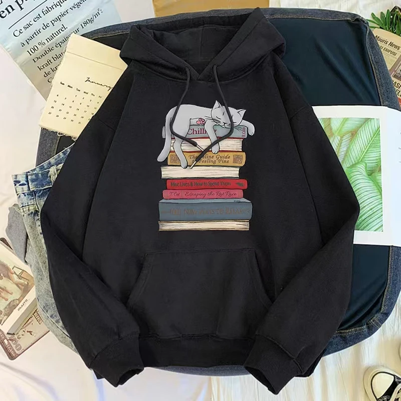 Women Hoody Cat Sleeping On The Book Cartoon Print Long Sleeve Famales Oversize Loose Casual O-Neck Warm Soft Fleece Hoodied Top