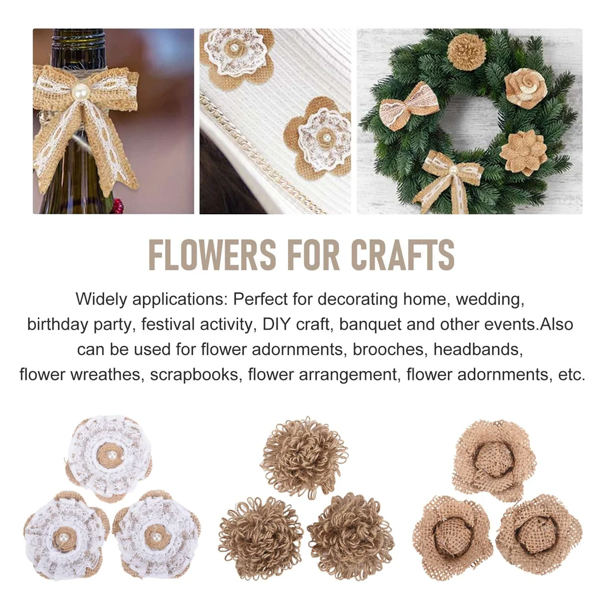 A06RP 24Pcs in 1 Set Burlap Flower Vintage Handmade Linen Materials Jute Flower Decoration for Wedding Christmas DIY