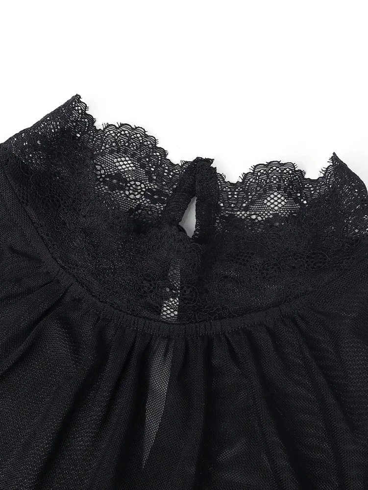 Vintage Elegante Mesh-Damenbluse Schwarze Transparente Slim-Fit Bluse mit Hohem Kragen Spitze Gothic Punk Korsett-Top Langarm Samt Mode-Blusen – Detail 2