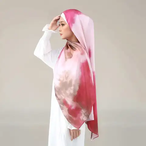 Printed Satin Hijab Scarf Muslim Silk Headscarf Fashion Watercolor Long Shawl Ramadan Turban For Women Headscarf Eid