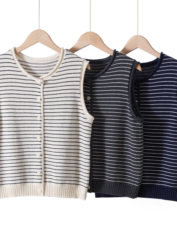 

Женский вязаный жилет-кардиган из смесовой шерсти с круглым вырезом, в полоску, теплый, из полиэстера, акрила, нейлона и шерсти