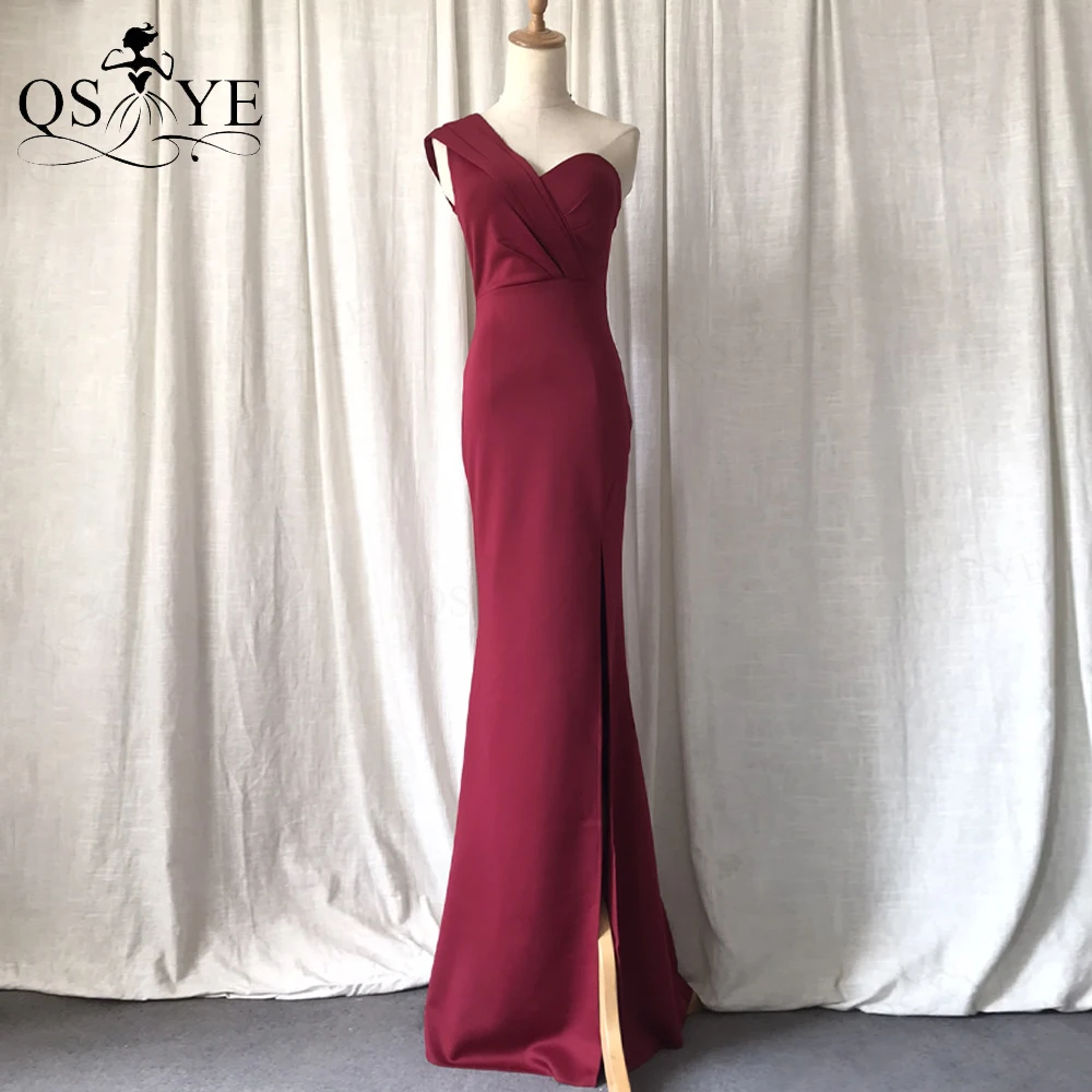 

One Shoulder Red Evening Dresses Simple Sheath Stretchy Prom Gown Ruched Party Sexy Split Plain Women Fit Burgundy Formal Dress