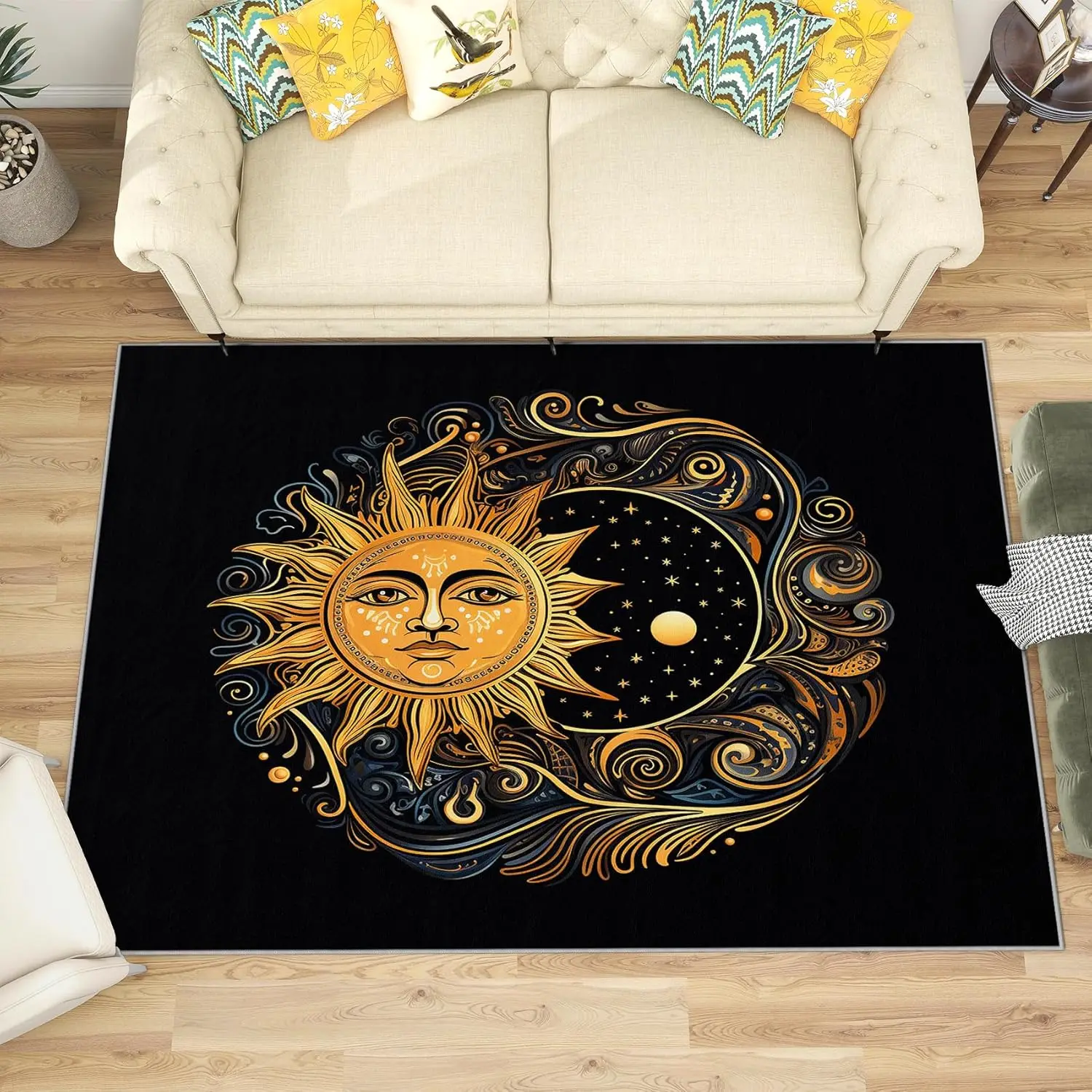 

Tree of Life Rug Viking Norse Mythology Area Rug - Boys Teen Rugs - Black and Gold Carpet - Slip Low Pile Home Decor