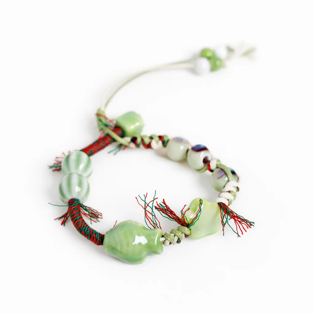 Bracelet en céramique verte en forme de poisson, fait main, réglable, cordon ciré, style frais, bijoux S04-0003